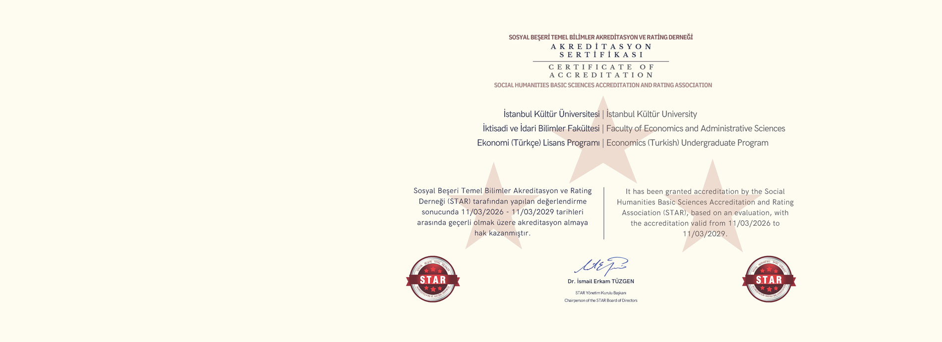 Ekonomi Bölümü (Türkçe Program), STAR Tarafından Akredite Edildi