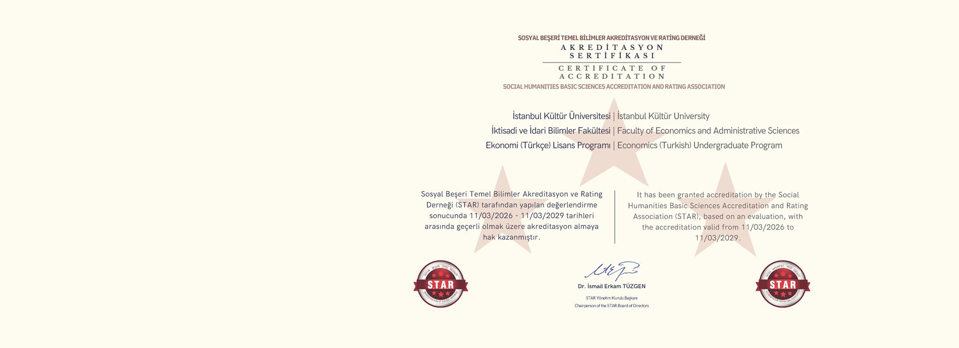 Ekonomi Bölümü (Türkçe Program), STAR Tarafından Akredite Edildi